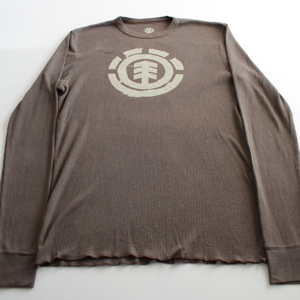 Element Brown Long Sleeve Thermal Shirt Y2K Skater Logo Waffle Knit Large Street